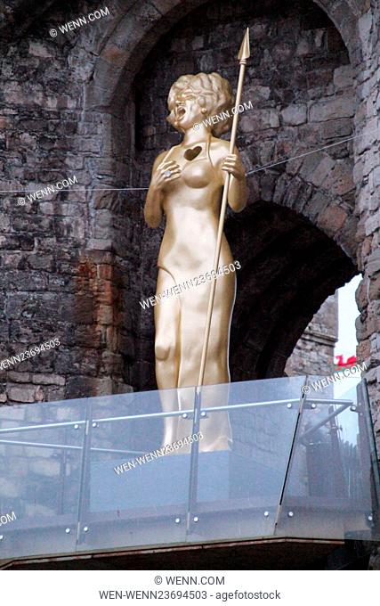 Artist Marc Rees unveils a 20-foot statue of Shirley Bassey in a in ""warlike pose"" as Boadicea the Celtic queen. The statue is being displayed on a glass...