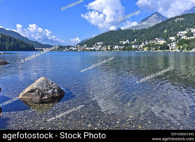 Saint Moritz in Alps, City view from the lake, Switzerland, Europe