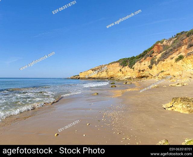 Maria Luisa beach with rock formation in Albufeira, Algarve, Portugal................................