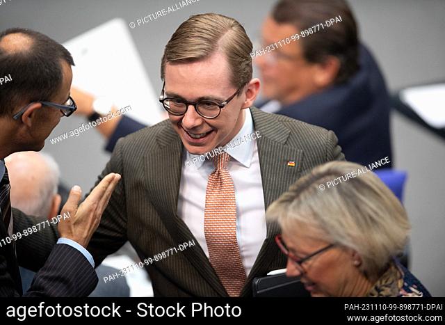 10 November 2023, Berlin: Philipp Amthor (CDU) accepts birthday wishes in the plenary session of the German Bundestag. The main topics of the 135th session of...