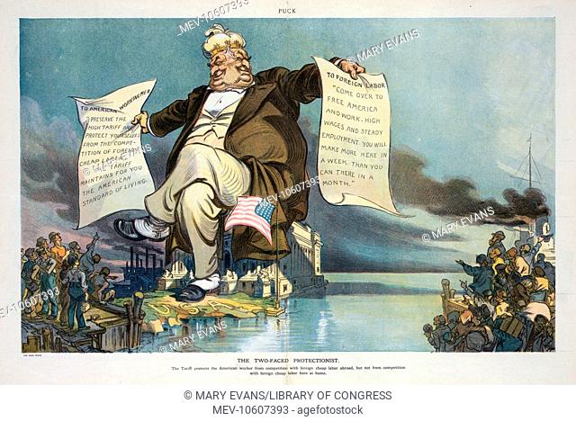 The two-faced protectionist. Illustration shows a gigantic, two-faced man wearing a money-bag crown with $ around it, sitting on a US Custom House on the shore...