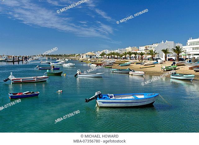 Santa Luzia lagoon and fishing boats, near Tavira, Algarve, Portugal