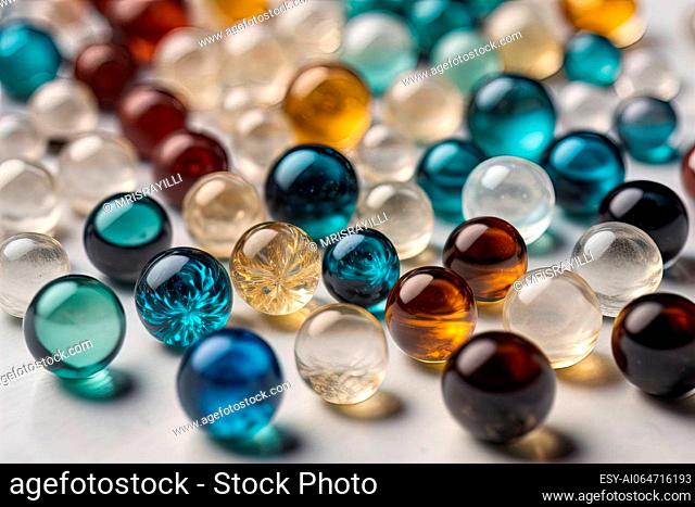 Colorful glass marbles on a the table. Selective focus. ai generative