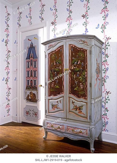 CHILDREN'S BEDROOM: Shot of whimsical blue hand painted and decorated armoire in young girls room, wallpapered, closet door with painted panel of a French Manor...