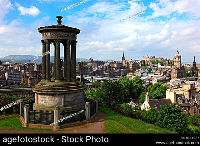 Edinburgh, view of the city centre from Calton Hill, the Dugald Stewart monument in the foreground, Scotland, Great Britain