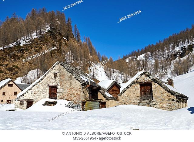 Early spring view of the mountain village of Crampiolo. Baceno Municipality. Province of Verbano-Cusio-Ossola. Piemonte. Italy