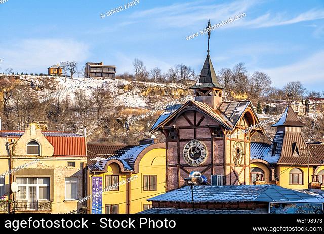Chortkiv, Ukraine 01. 06. 2020. City centre and the old Town Hall in Chortkiv, Ukraine, on a sunny winter day