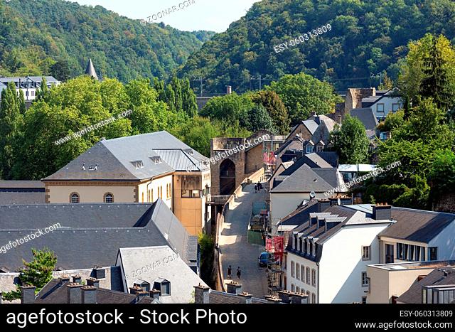 Luxembourg city, the capital of Grand Duchy of Luxembourg, aerial view of the Grund and Old Town with plate rooftops
