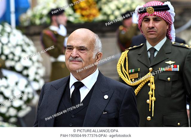 04 May 2019, Luxembourg, Luxemburg: Prince Hassan ibn Talal of Jordan leaves the church after the state funeral of Luxembourg's Old Grand Duke Jean