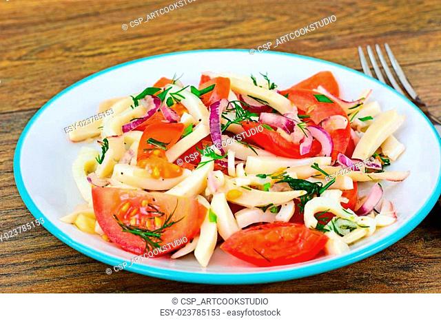 Salad with Squid, Tomato, Red Onion, Vegetable Oil