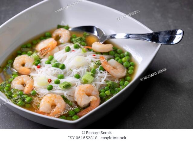 soup with shrimps, vegetables and rice nooodles