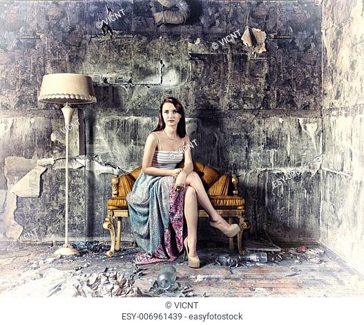 young beautiful women, sitting in vintage sofa (Photo and hand-drawing elements combined)