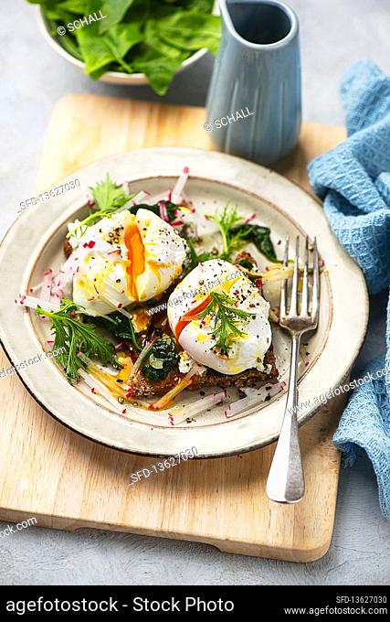 Poached egg with spinach on bread
