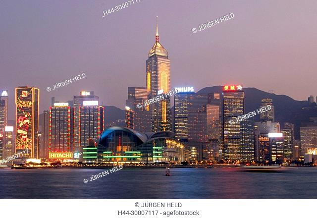 Chinesische Insel von Hongkong, Zentral, Wanchai, das Central Plaza, die Horizontlinie, der Hafen von Victoria, Hongkong Convention & Exhibition Centre