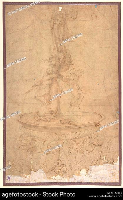 Design for a Fountain with Sea Horses and Triton Base, Basin, Dolphins and Tritons, Three Grotesque heads and Neptune. Artist: Battista Franco (Italian