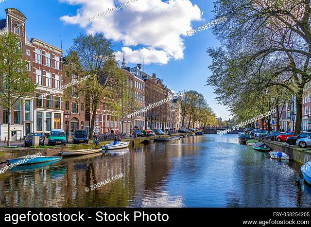 View of Amsterdam canal with historic houses, Netherlands
