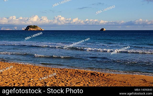 greece, greek islands, ionian islands, kefalonia, south coast, leivatho beach, evening light, rock islet, sandy beach, surf