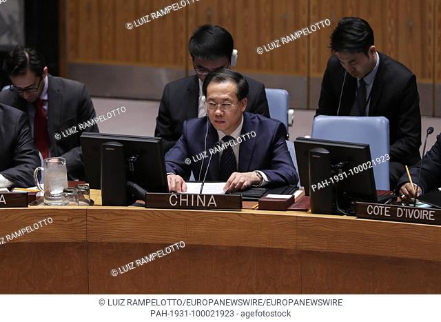 United Nations, New York, USA, February 22 2018 - Ma Zhaoxu New Permanent Representative of China to the United Nations During a Security Council meeting on the...