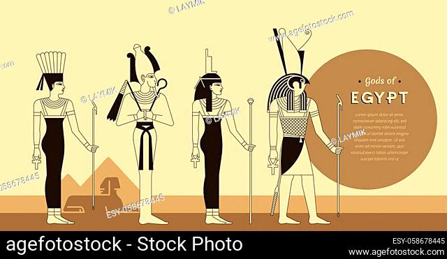 A collection of vector illustrations by the ancient Egyptian gods and goddess Anuket, Osiris, Isis and Horus from the ankh with place for text and lettering...