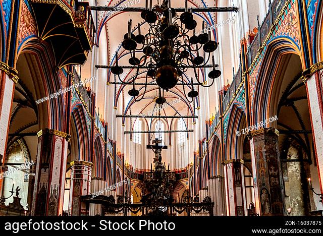 Stralsund, Germany - July 31, 2019: Interior view of the nave of St. Nicholas Church