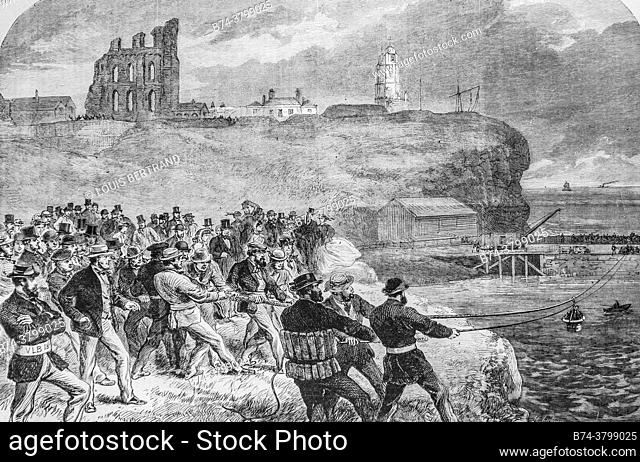 the brigade of volunteers from tynemouth studying the maneuver of the rescue basket, the illustrious universe, publisher michel levy 1868