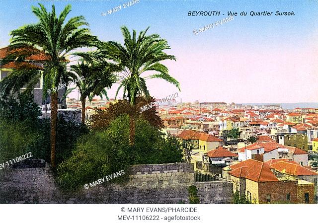 View of Beirut (Beyrouth), Lebanon, from the Sursock neighbourhood in the Achrafieh district, named after the aristocratic Sursock family that owned multiple...