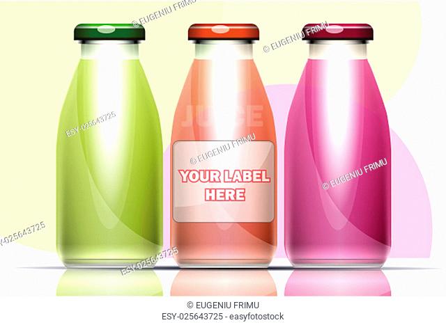 Vector set of transparent glass or plastic green, burgundy and purple liquid bottle with caps for juice mockup ready for your design
