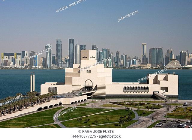 Qatar, Doha, skyline, blocks of flats, high-rise buildings, buildings, constructions, Corniche, sea, water, museum, Islamic art, skill, traveling