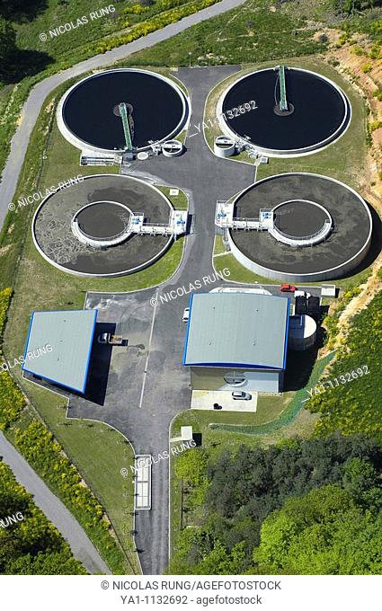 Aerial view of sewage treatment works. Lorraine region, France