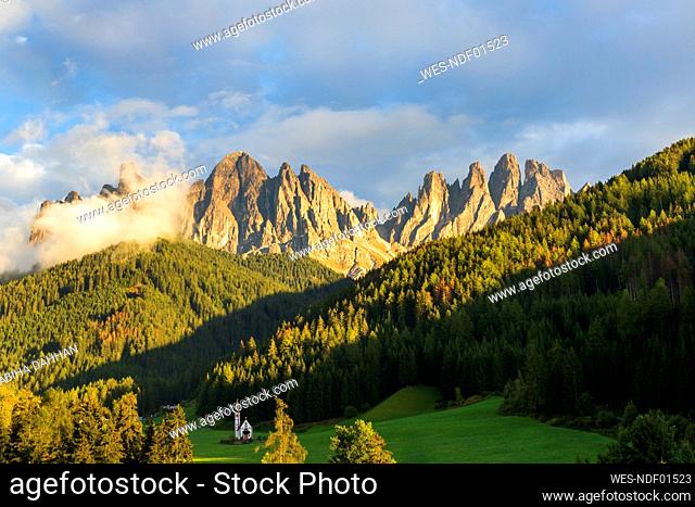 Scenic view of mountains under cloudy sky, Dolomites, Italy
