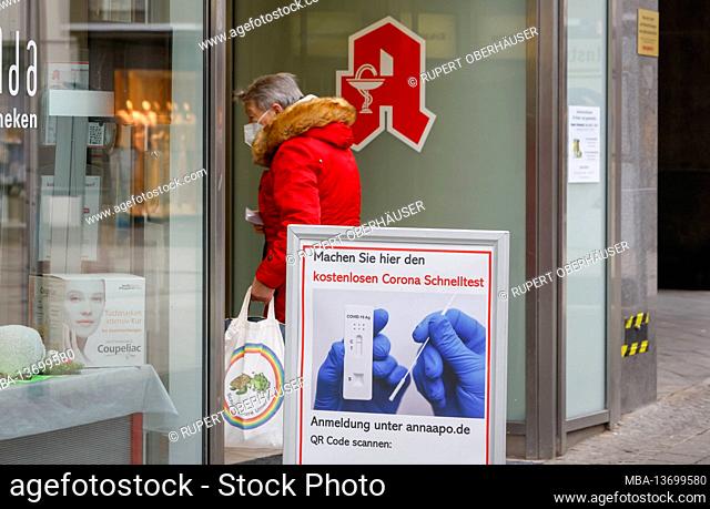 Düren, North Rhine-Westphalia, Germany - Pharmacy offers free corona quick test, Düren city center in times of the corona crisis at the second lockdown
