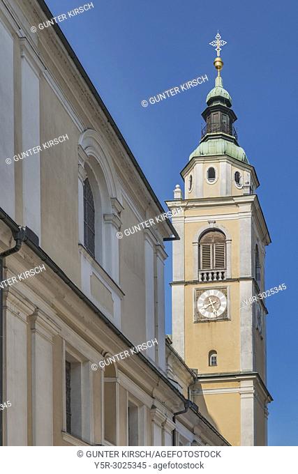 View to one tower of the Cathedral of St. Nicholas. The Baroque Cathedral is dedicated to Saint Nicholas of Myra, Ljubljana, Slovenia, Europe