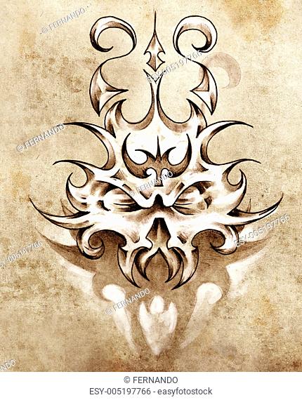 Sketch of tattoo art, skull mask with tribal design