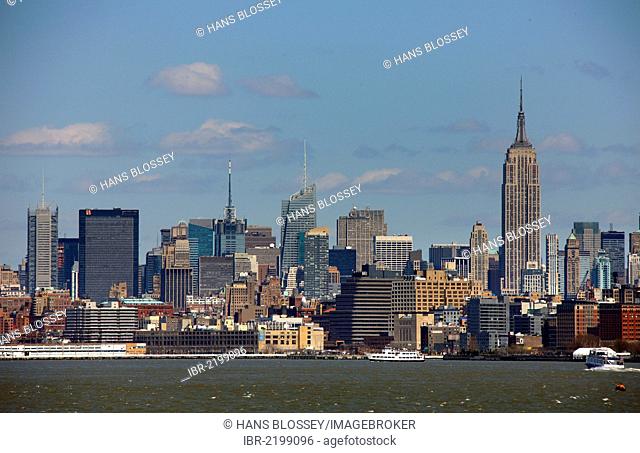 Manhattan skyline seen from Liberty Island, New York City, New York, United States, North America
