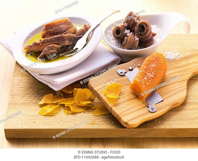 Sardine fillets in oil and salt with bottarga