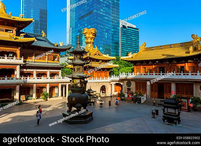 Shanghai, China - May 23, 2018: Sunset view of the Jing An temple in Shanghai, China