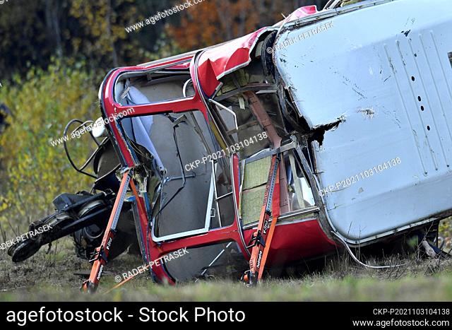 Scene of a fallen funicular cab under the Jested Mountain in Liberec, Czech Republic, on Sunday, October 31, 2021. Engine driver died as a cabin fell off cable...