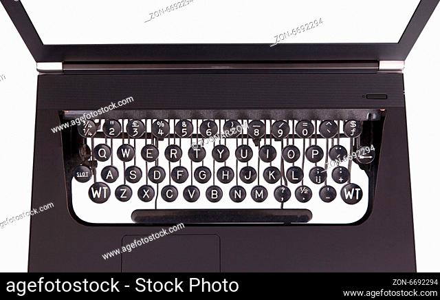 Laptop with old fashioned typewriter keys, isolated on white