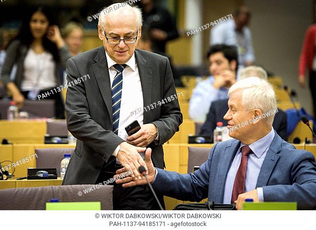 Zdzislaw Krasnodebski (L) and Marek JUREK Member of European Parliament (MEP) during debate on Rule of law in Poland at European Parliament's Committee of Civil...
