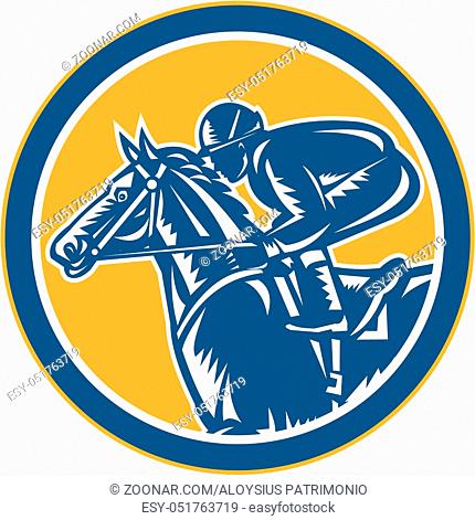 Illustration of horse and jockey racing viewed from the side set inside circle shape on isolated background done in retro woodcut style