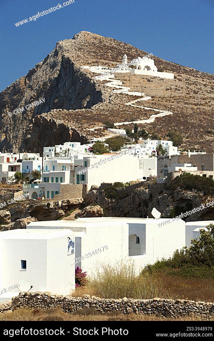 View to the whitewashed houses and Panagia Kimissis church at the old town Chora, Folegandros Island, Cyclades Islands, Greek Islands, Greece, Europe