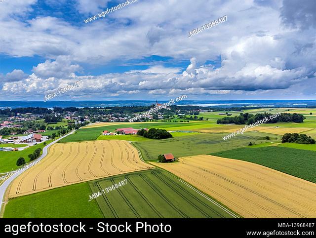 Fields and meadows, near Andechs, Pfaffenwinkel, aerial view, Upper Bavaria, Bavaria, Germany, Europe