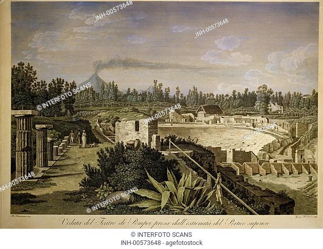 Archäologie, Kupferstich nach Gemälde von Hackert, Pompeji, Italien, Vesuv, 1793 Kunst, historisch