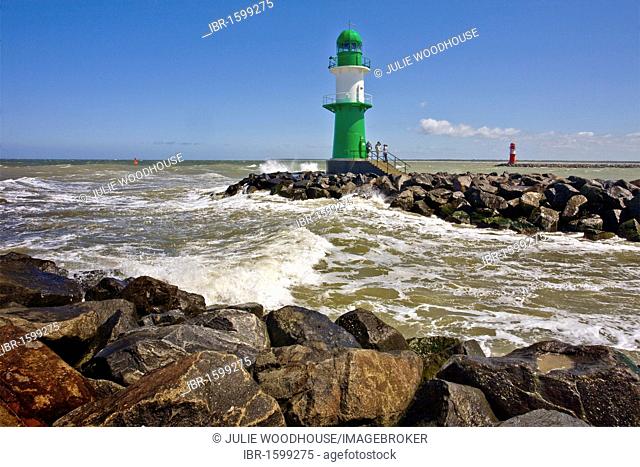 Port, lighthouses viewed from West pier, Warnemuende, Mecklenburg-Vorpommern, Germany, Europe