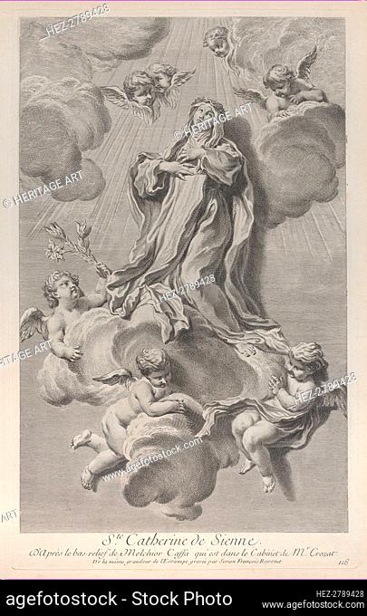 The Ecstasy of Saint Catherine of Siena, kneeling on a cloud carried by angels, one of .., 1729-40. Creator: Simon François Ravenet