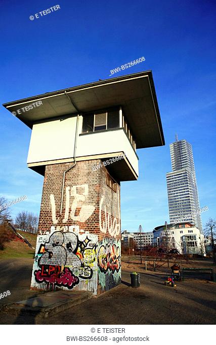 old gantry signal box and Cologne Tower, Germany, North Rhine-Westphalia, Mediapark, Cologne