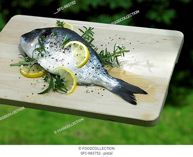 Bream with lemon slices and rosemary for grilling