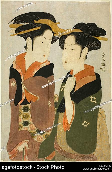 Kan, a waitress of the Izutsuya, and the geisha Fuseya of the Ogiya, c. 1794. Creator: Eishosai Choki