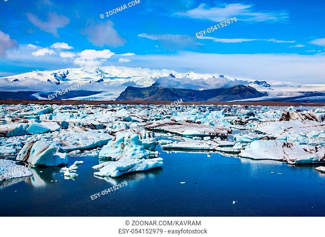 The unique nature of Iceland. Drift ice Ice Lagoon - Jokulsarlon. The concept of extreme northern tourism. White-blue ice is piled up in the turquoise water of...