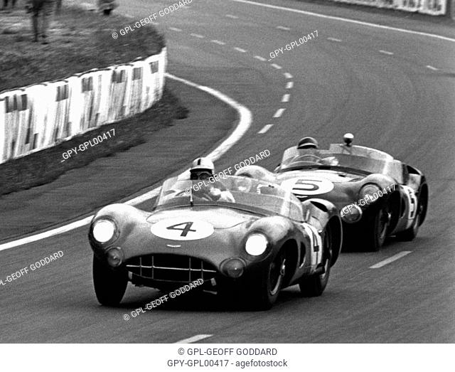 Roy Salvadori and Jim Clark racing in Aston Martin DBR1s at Le Mans 24 Hours race, France 1961